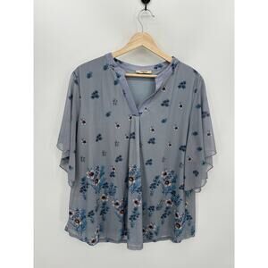 Timeson Blouse Women XXL Blue Floral Mesh Flowy Loose Spring Summer Boho Fairy